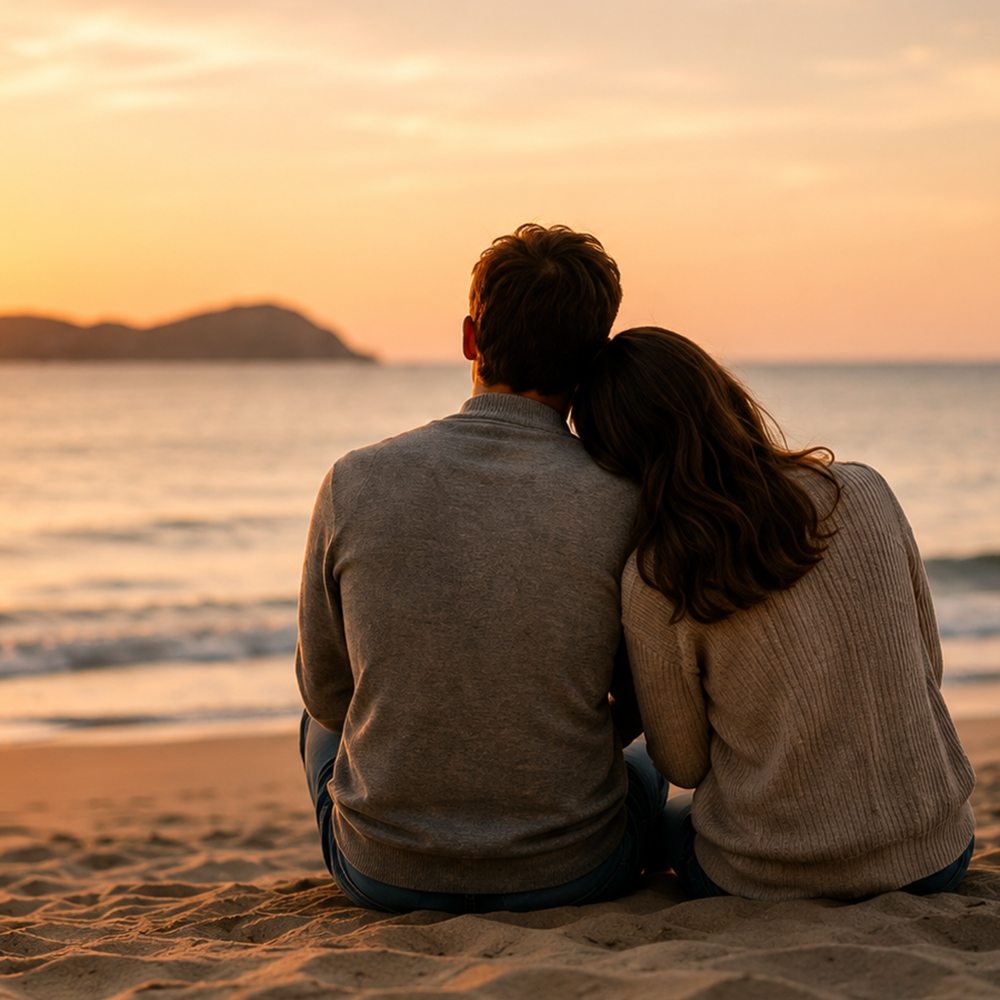 A couple sitting close together on the beach at sunset.